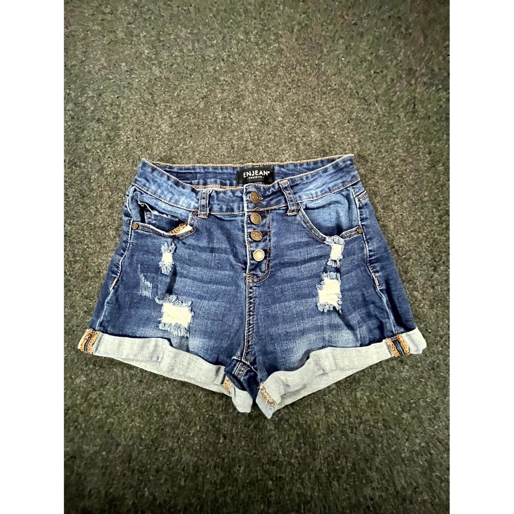 Enjean Denim Shorts Womens Small Blue Stretch Distressed Mid Rise Cuffed Hem